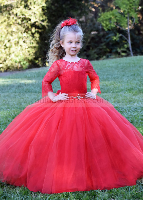 Long Sleeves Red Lace Tulle Floor Length Flower Girl Dress